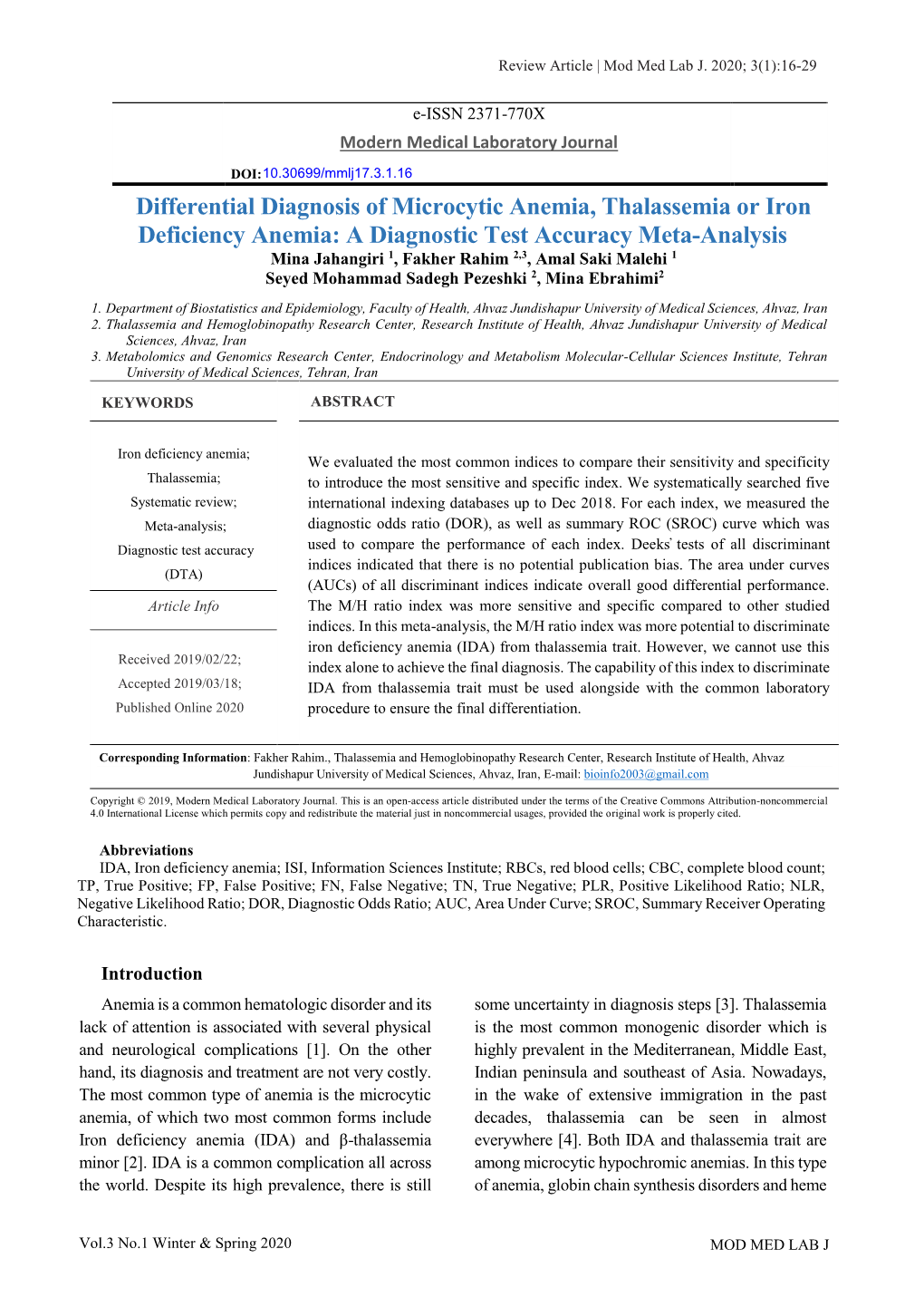 Differential Diagnosis of Microcytic Anemia, Thalassemia Or Iron Deficiency Anemia: a Diagnostic Test Accuracy Meta-Analysis