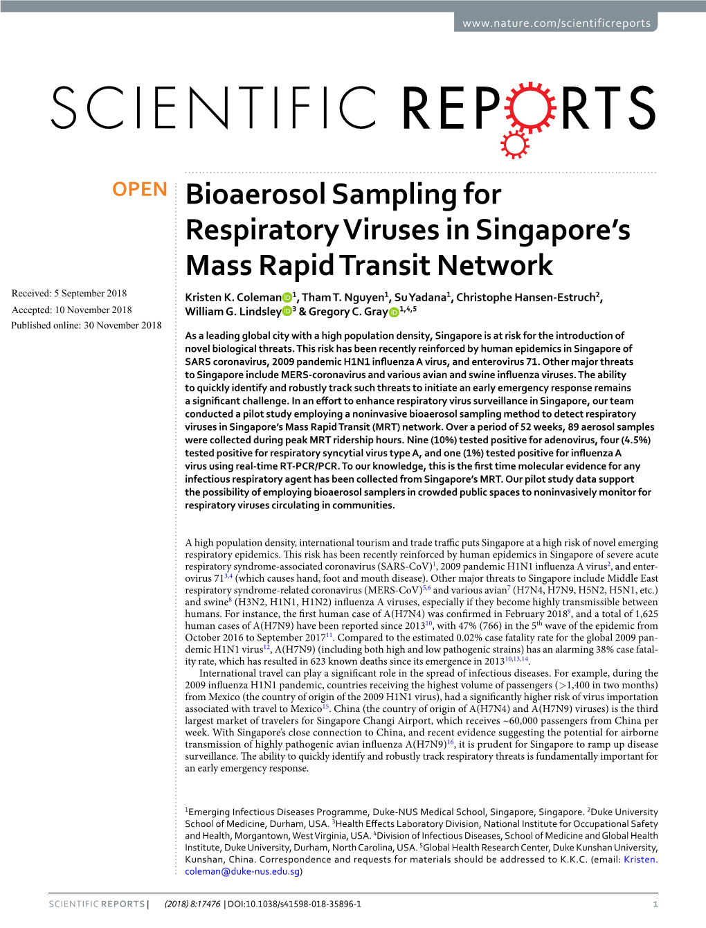 Bioaerosol Sampling for Respiratory Viruses in Singapore's Mass Rapid