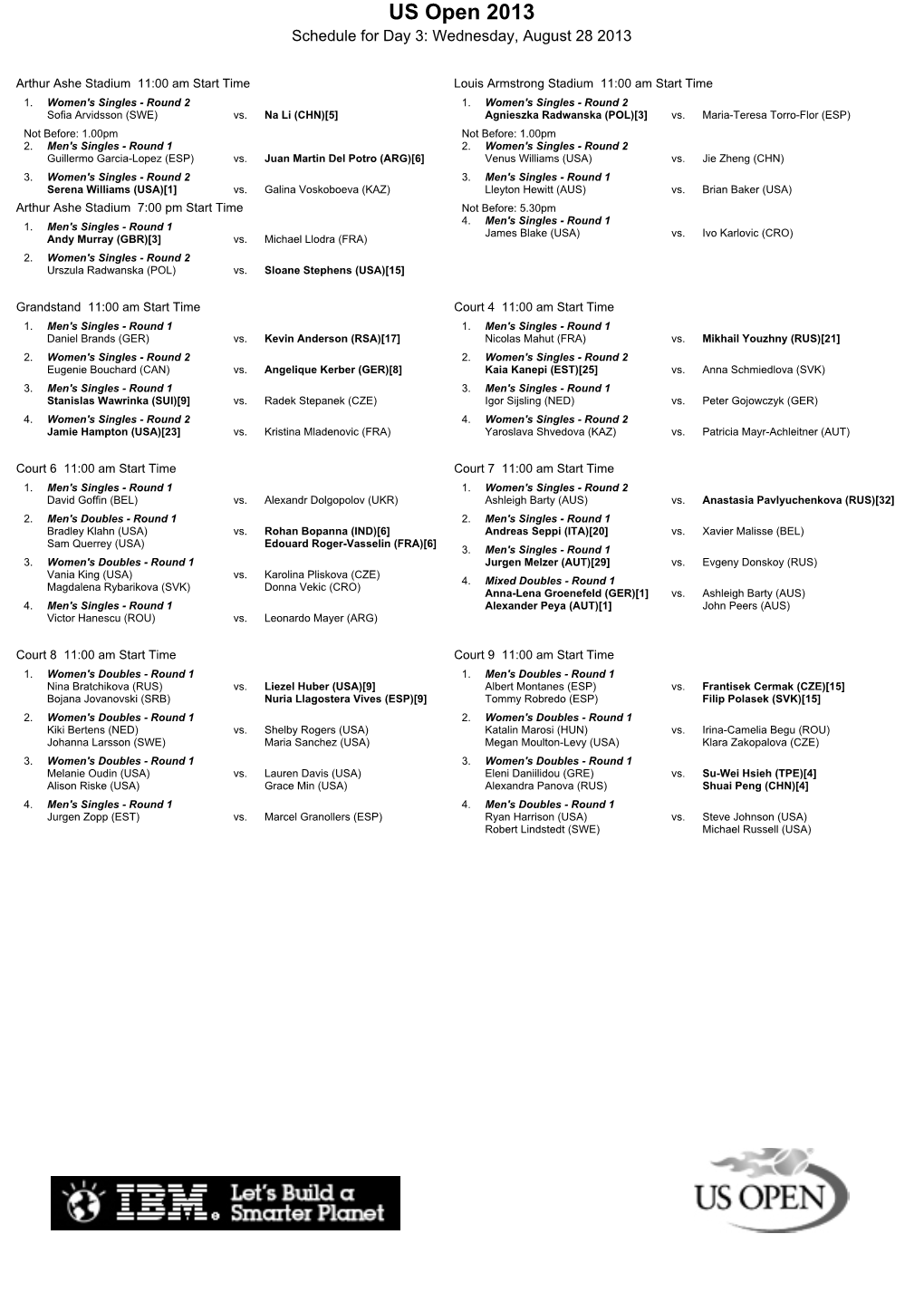 US Open 2013 Schedule for Day 3: Wednesday, August 28 2013