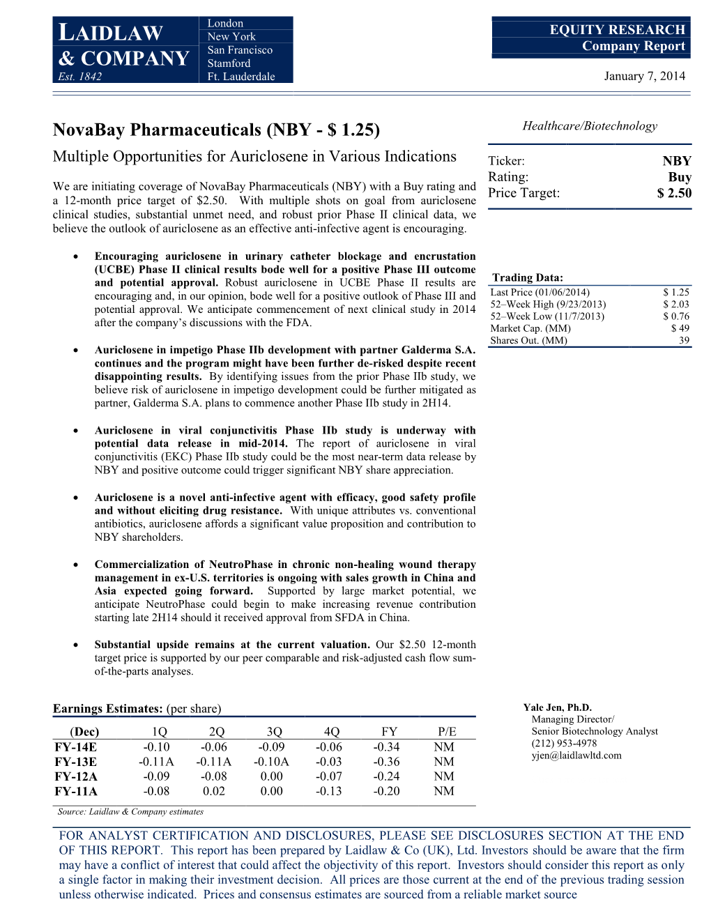 Novabay Pharmaceuticals (NBY - $ 1.25) Healthcare/Biotechnology