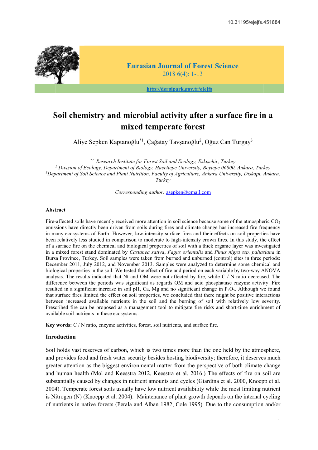 Soil Chemistry and Microbial Activity After a Surface Fire in a Mixed Temperate Forest