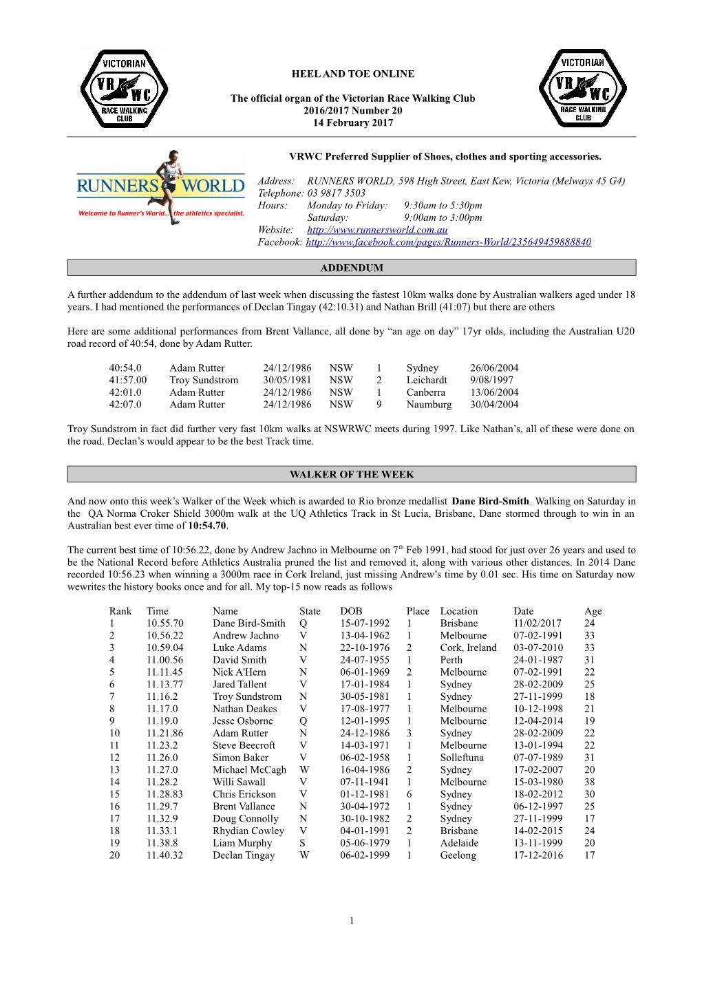 HEEL and TOE ONLINE the Official Organ of the Victorian Race Walking