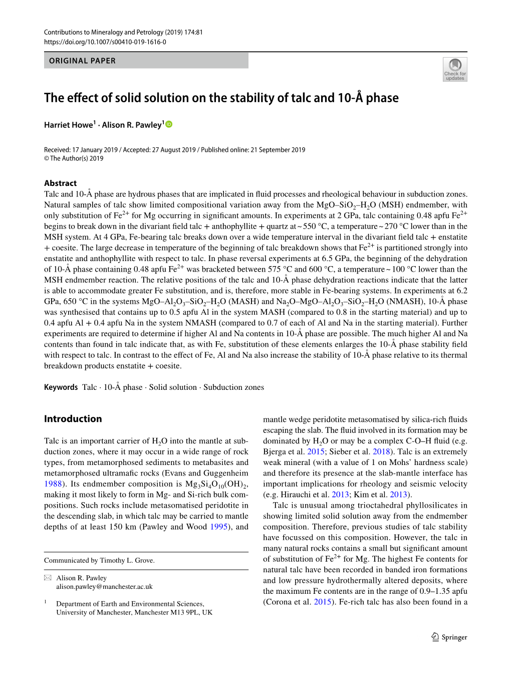 The Effect of Solid Solution on the Stability of Talc and 10-Е Phase