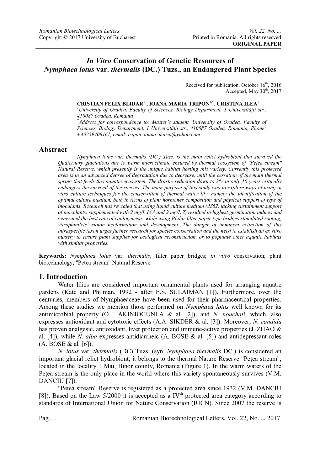 In Vitro Conservation of Genetic Resources of Nymphaea Lotus Var