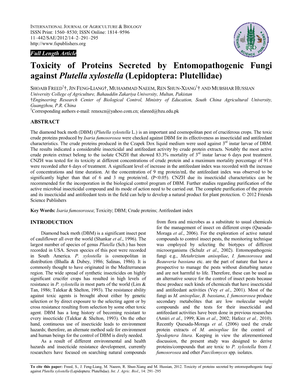Toxicity of Proteins Secreted by Entomopathogenic Fungi Against Plutella Xylostella (Lepidoptera: Plutellidae)
