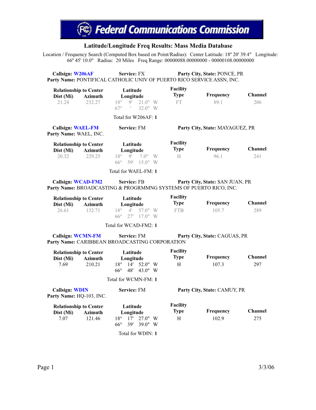 Latitude/Longitude Freq Results: Mass Media Database Page 1 3/3/06