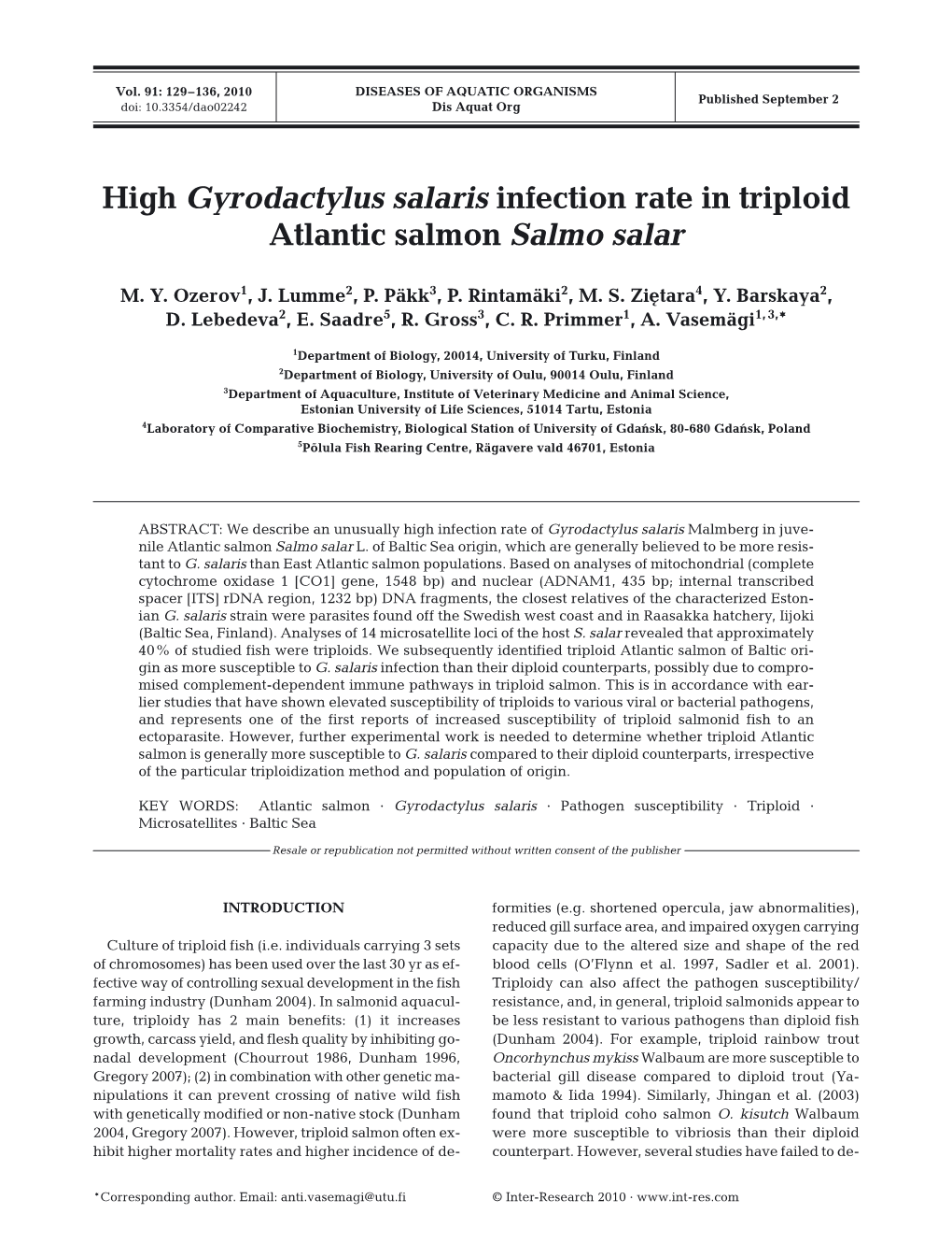High Gyrodactylus Salaris Infection Rate in Triploid Atlantic Salmon Salmo Salar
