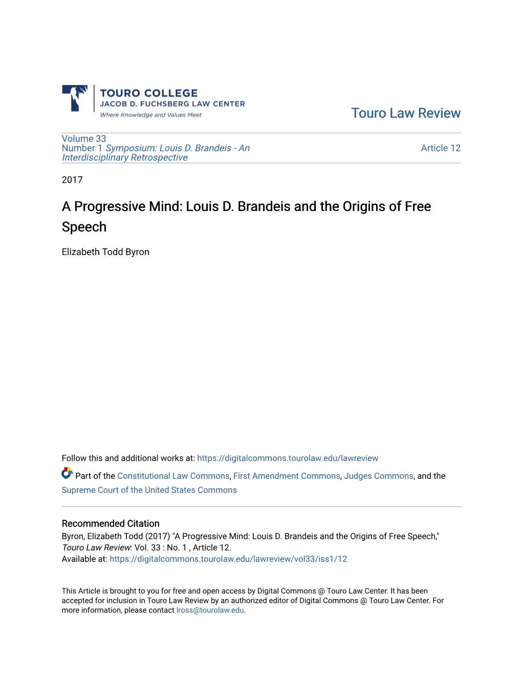 A Progressive Mind: Louis D. Brandeis and the Origins of Free Speech