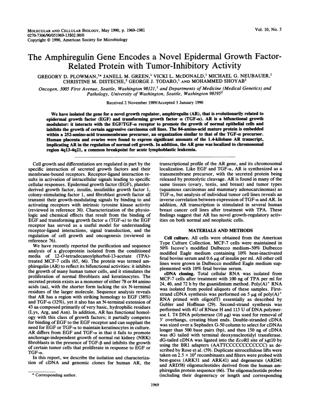The Amphiregulin Gene Encodes a Novel Epidermal Growth Factor- Related Protein with Tumor-Inhibitory Activity GREGORY D
