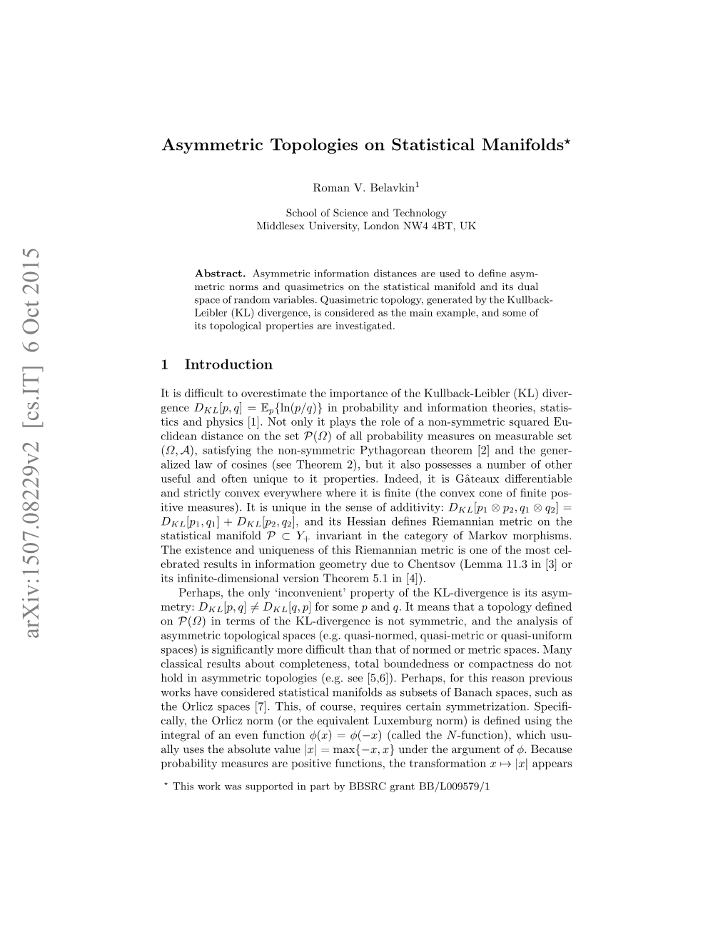 Asymmetric Topologies on Statistical Manifolds