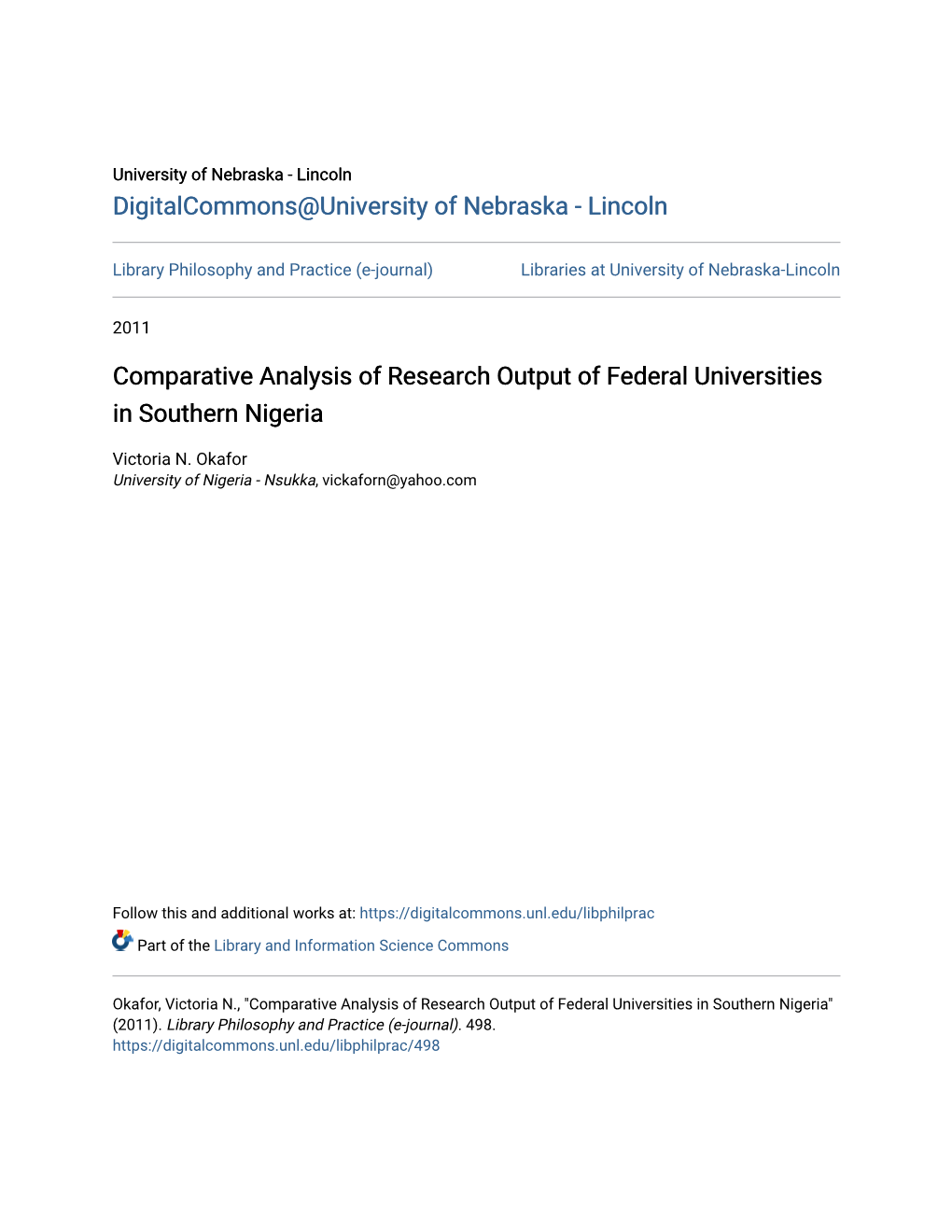 Comparative Analysis of Research Output of Federal Universities in Southern Nigeria