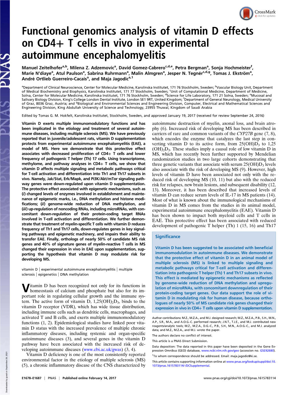 Functional Genomics Analysis of Vitamin D Effects on CD4+ T Cells in Vivo in Experimental Autoimmune Encephalomyelitis