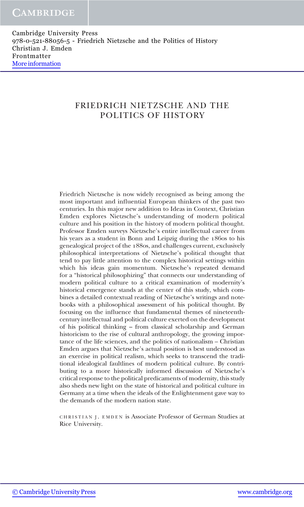 Friedrich Nietzsche and the Politics of History Christian J