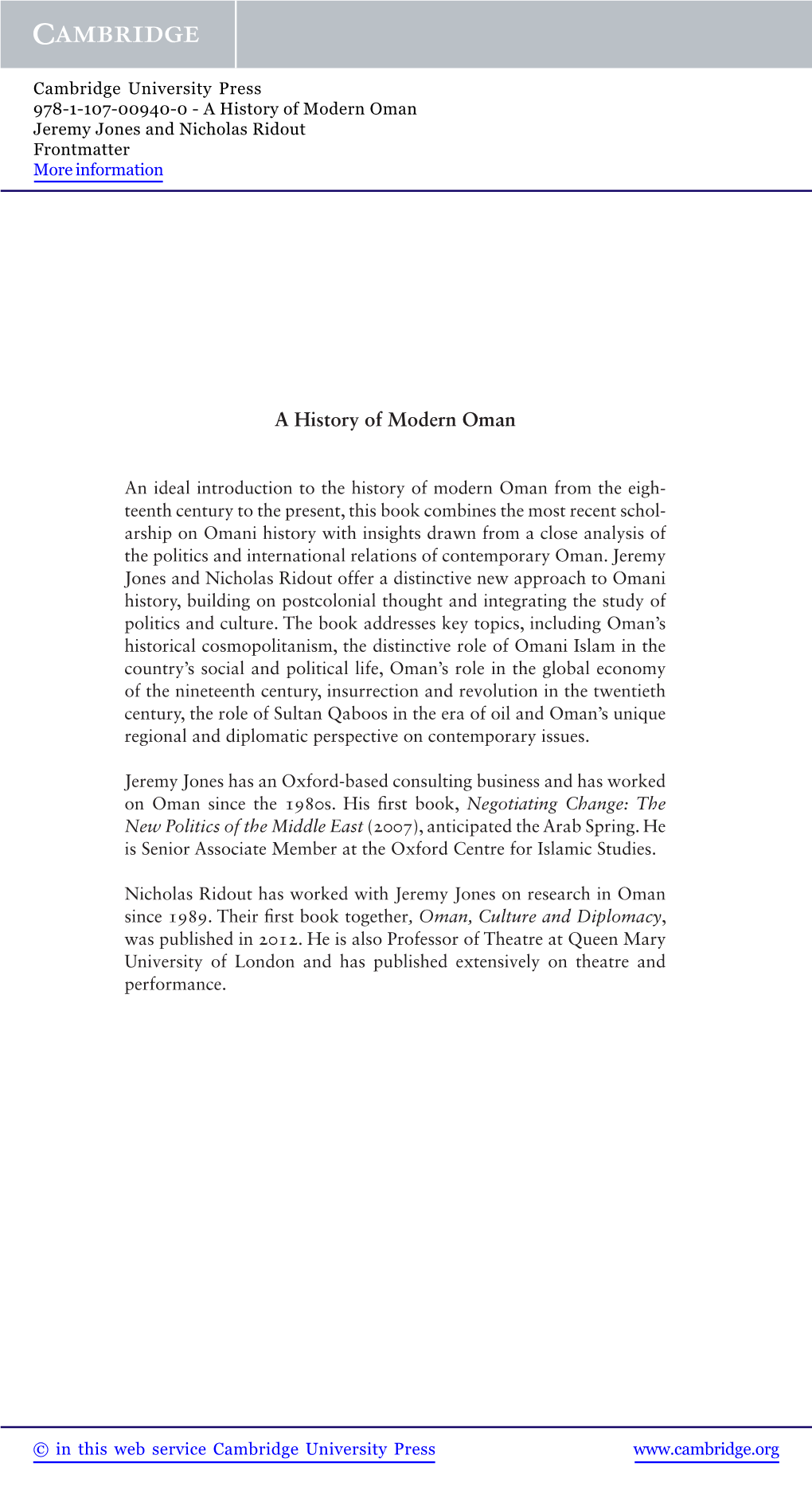 A History of Modern Oman Jeremy Jones and Nicholas Ridout Frontmatter More Information
