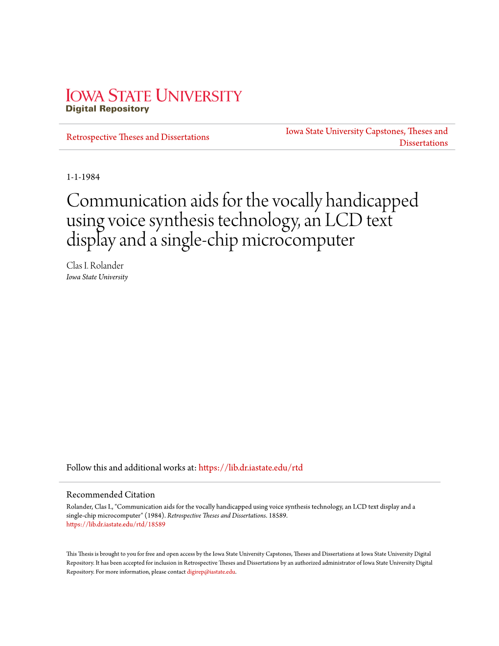 Communication Aids for the Vocally Handicapped Using Voice Synthesis Technology, an LCD Text Display and a Single-Chip Microcomputer Clas I