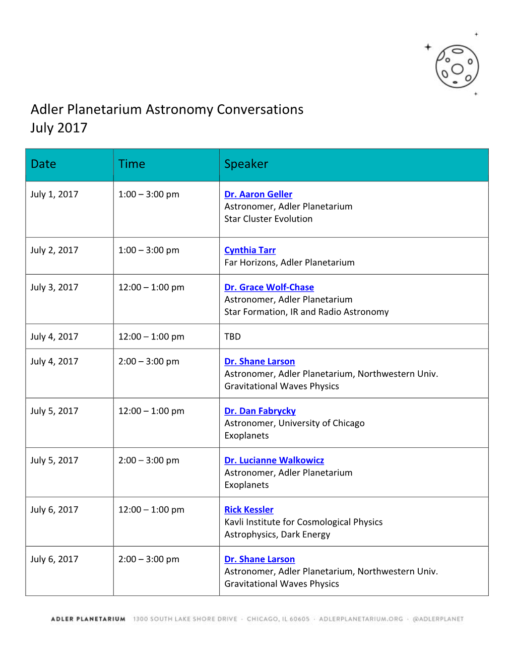 Adler Planetarium Astronomy Conversations July 2017