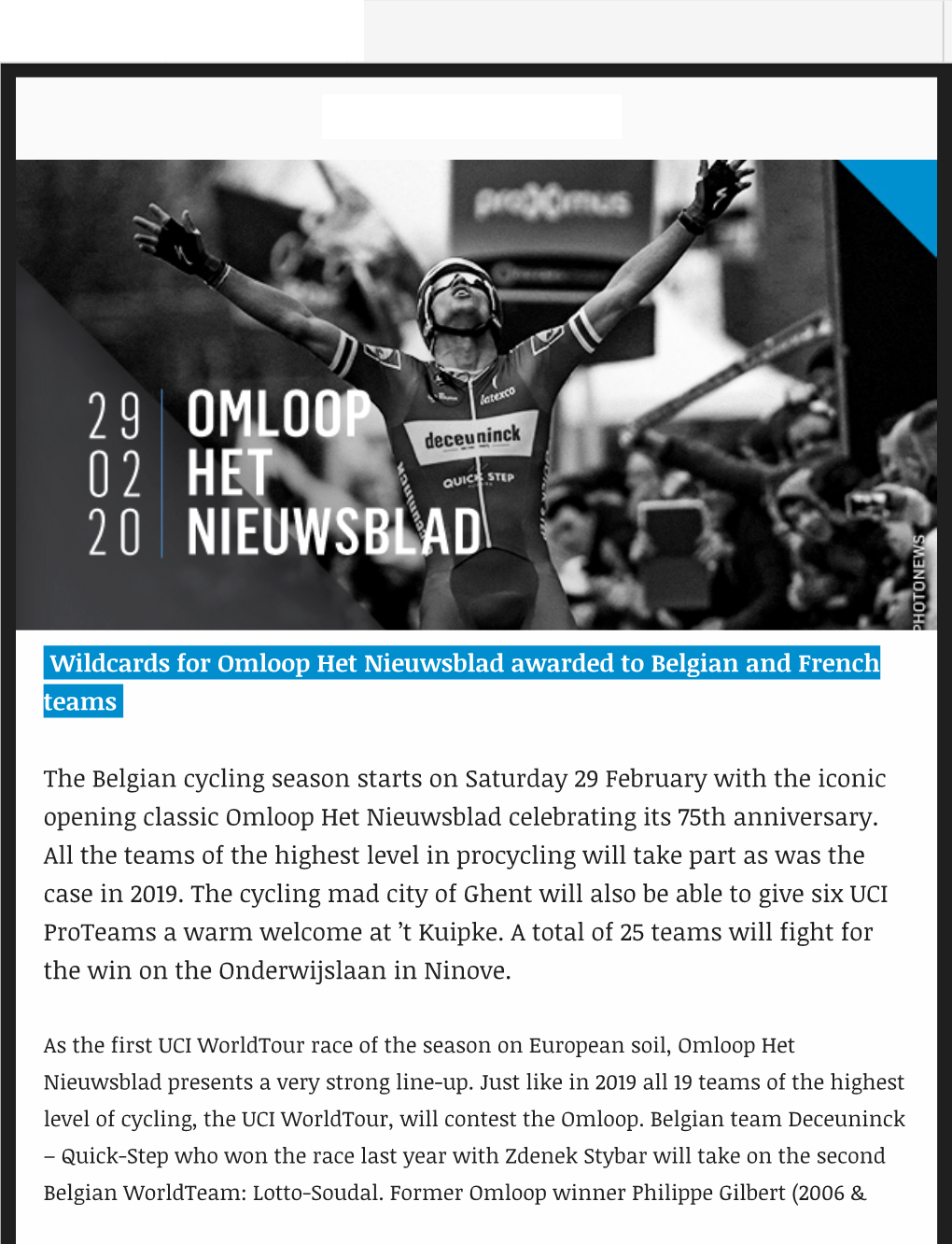 Wildcards for Omloop Het Nieuwsblad Awarded to Belgian and French Teams