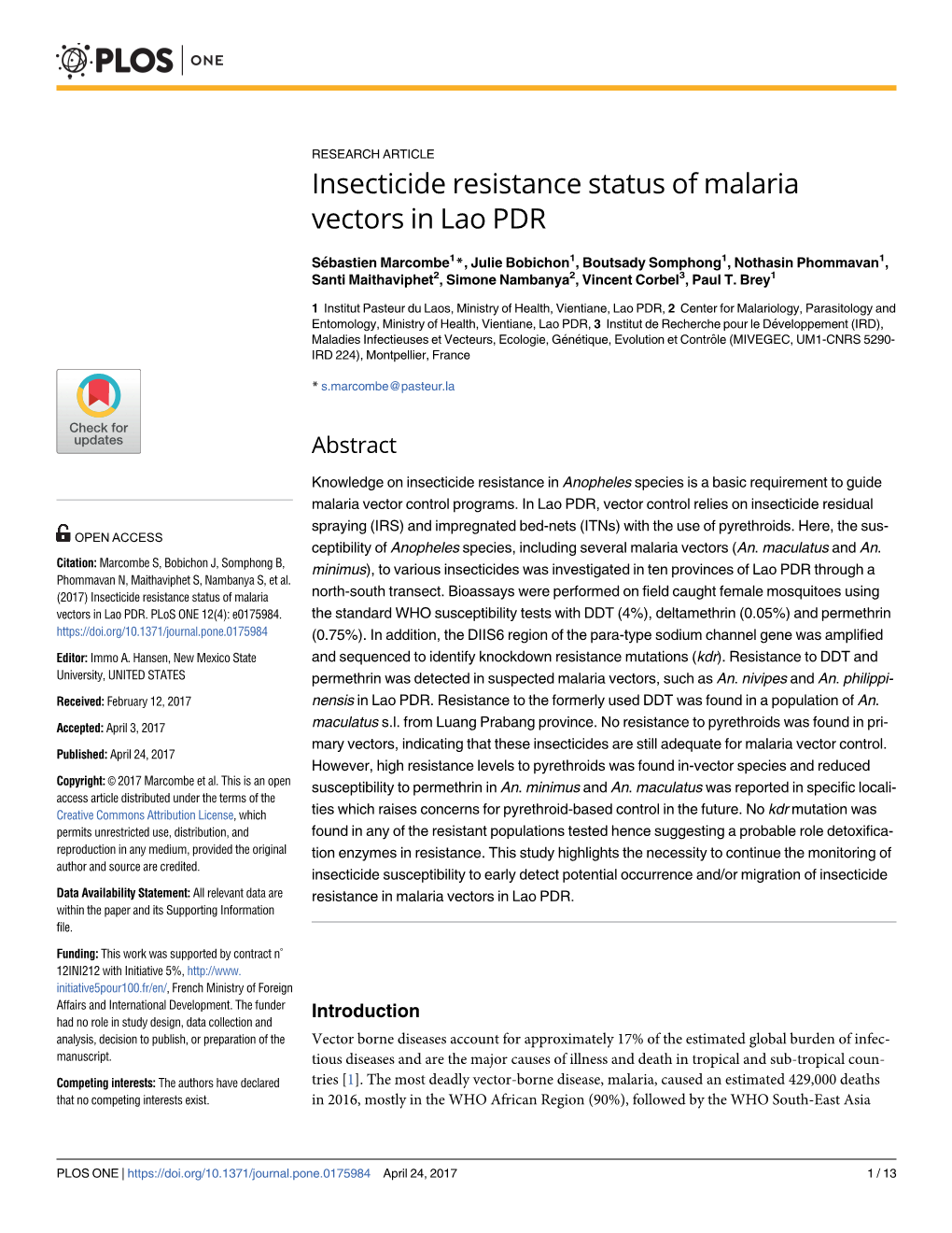 Insecticide Resistance Status of Malaria Vectors in Lao PDR