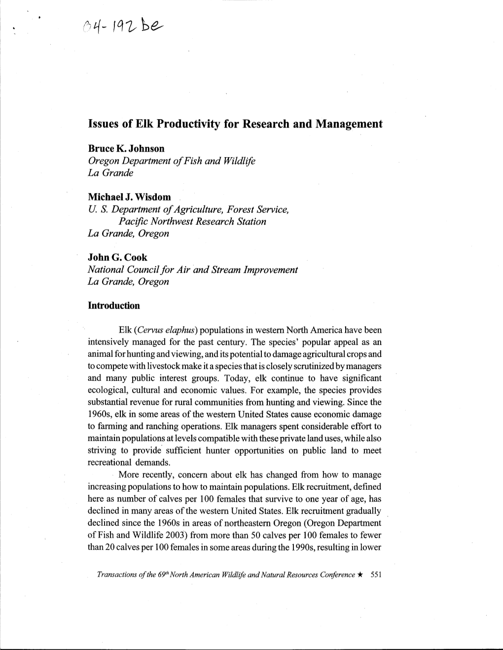 Issues of Elk Productivity for Research and Management