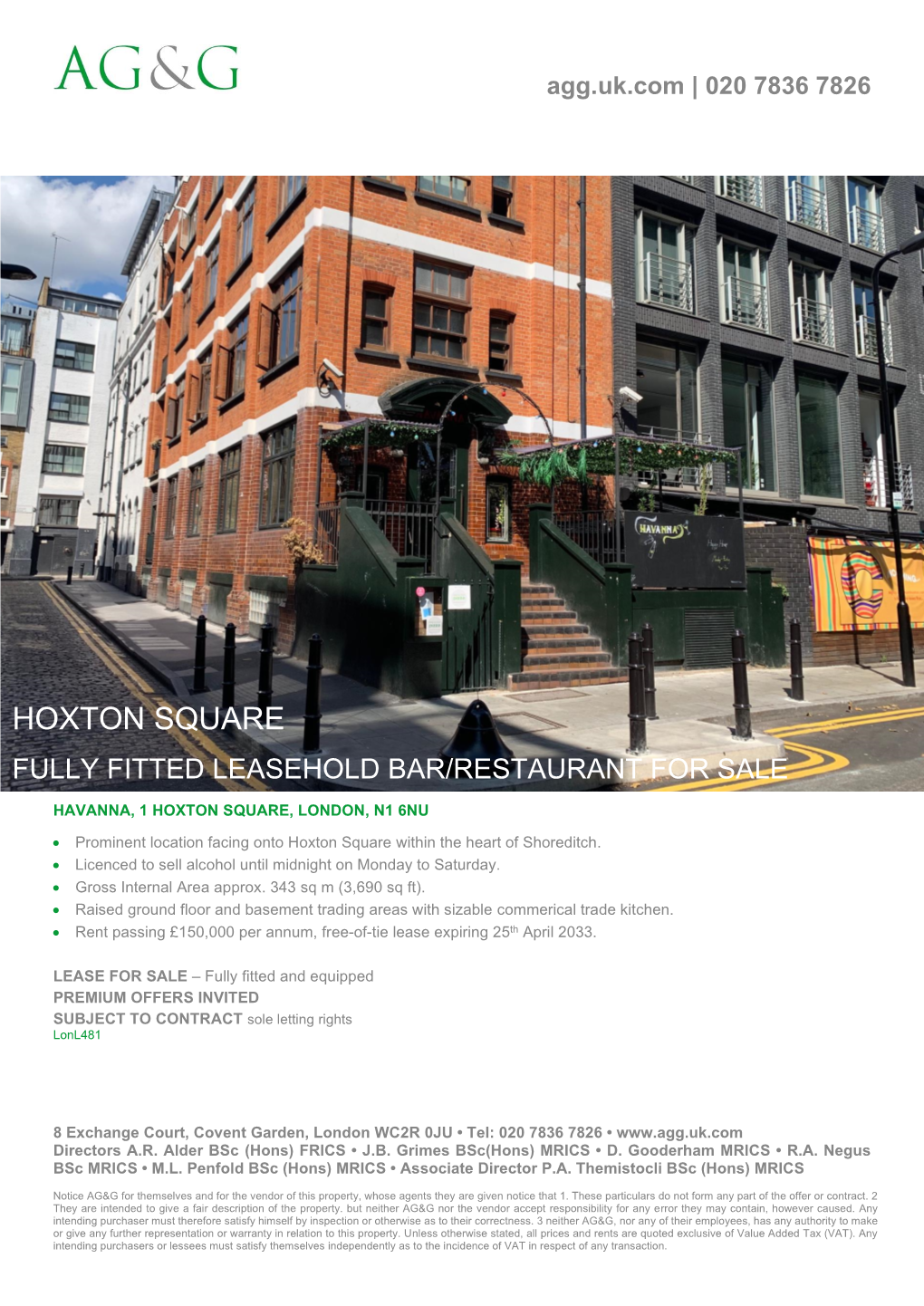 Hoxton Square Fully Fitted Leasehold Bar/Restaurant for Sale