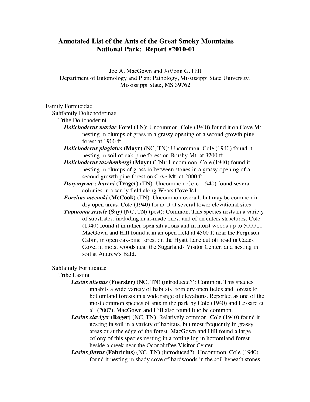 Annotated List of the Ants of the Great Smoky Mountains National Park: Report #2010-01