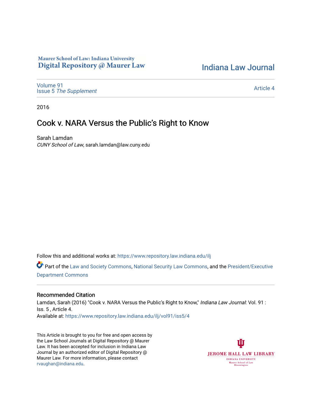 Cook V. NARA Versus the Public's Right to Know