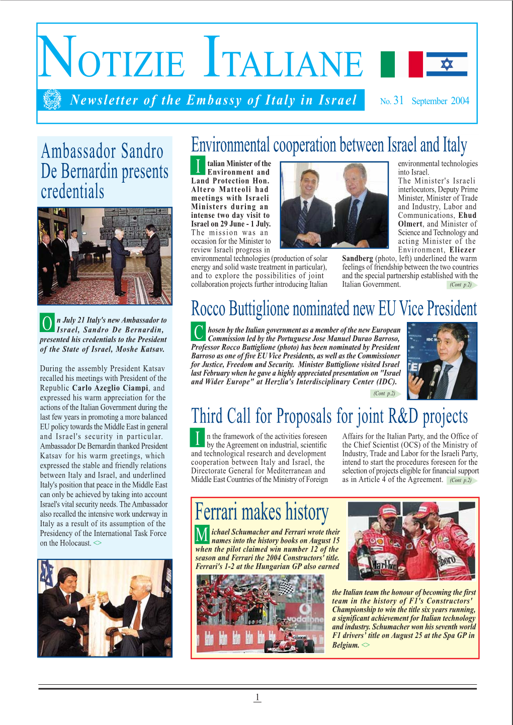 NOTIZIE ITALIANE Newsletter of the Embassy of Italy in Israel No
