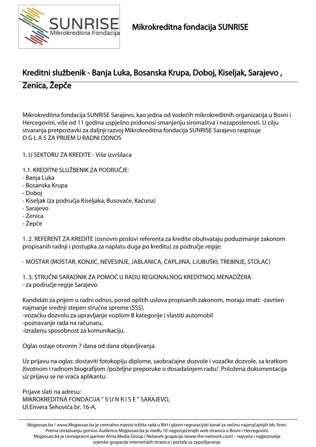 Kreditni Službenik - Banja Luka, Bosanska Krupa, Doboj, Kiseljak, Sarajevo , Zenica, Žepče