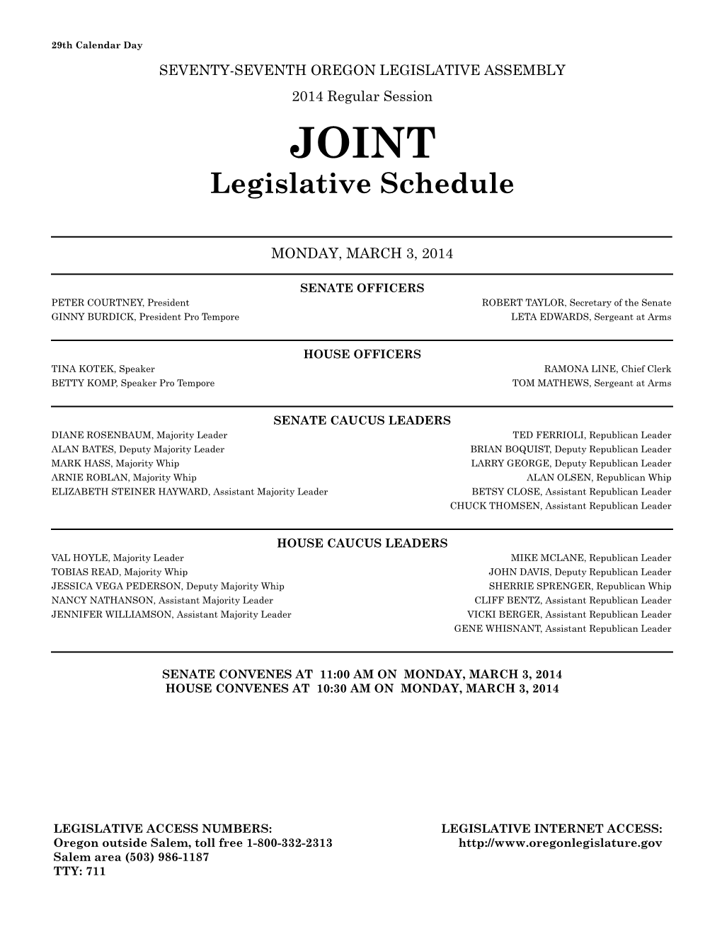 Legislative Schedule