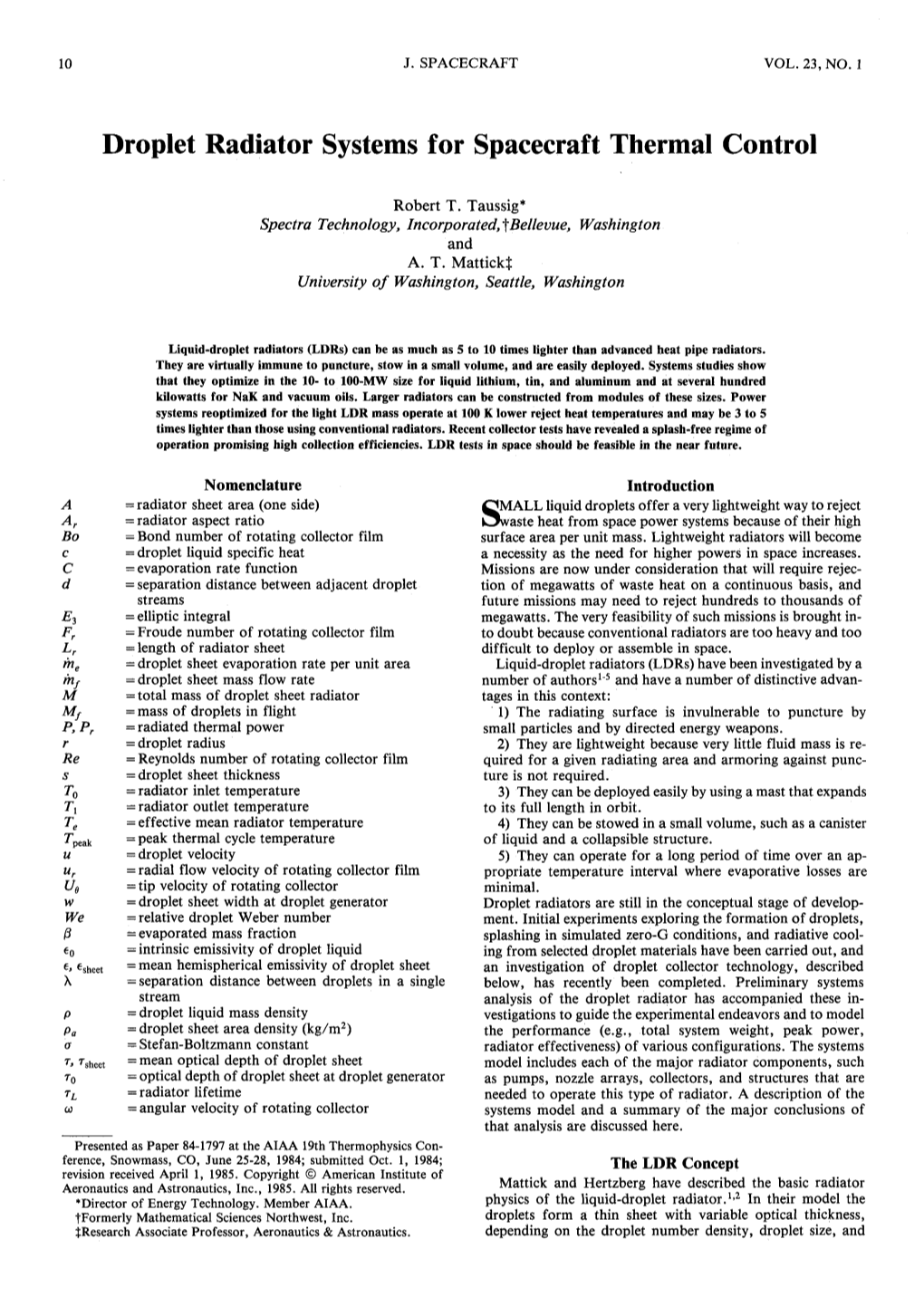 Droplet Radiator Systems for Spacecraft Thermal Control