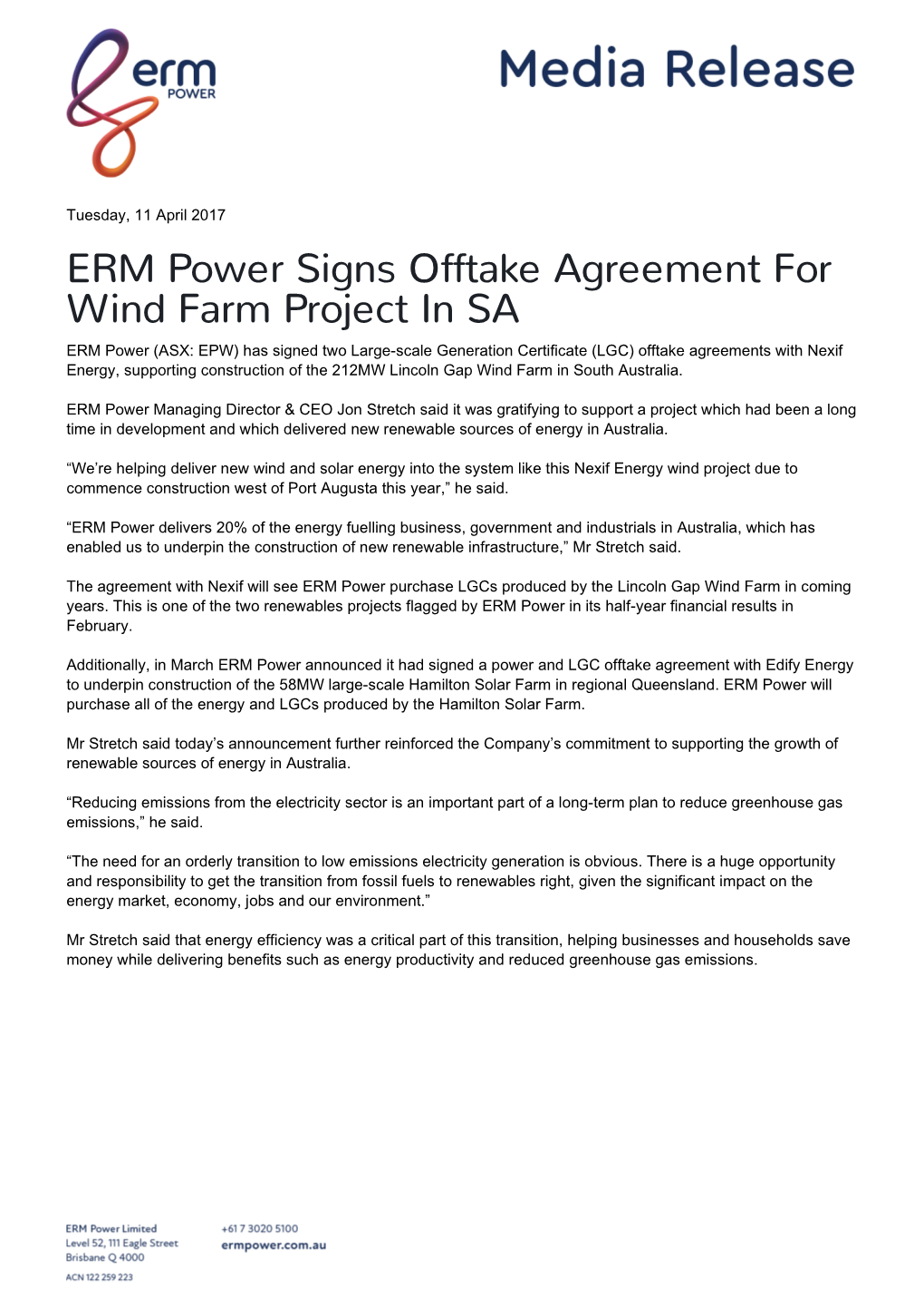 ERM Power Signs Offtake Agreement for Wind Farm Project in SA