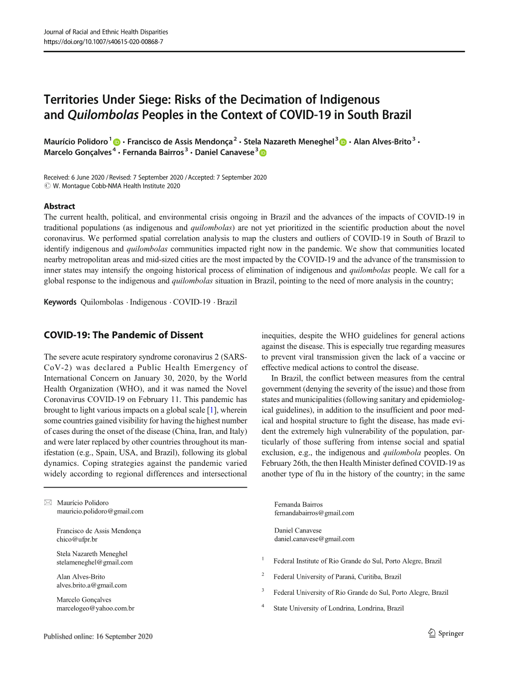 Territories Under Siege: Risks of the Decimation of Indigenous and Quilombolas Peoples in the Context of COVID-19 in South Brazil