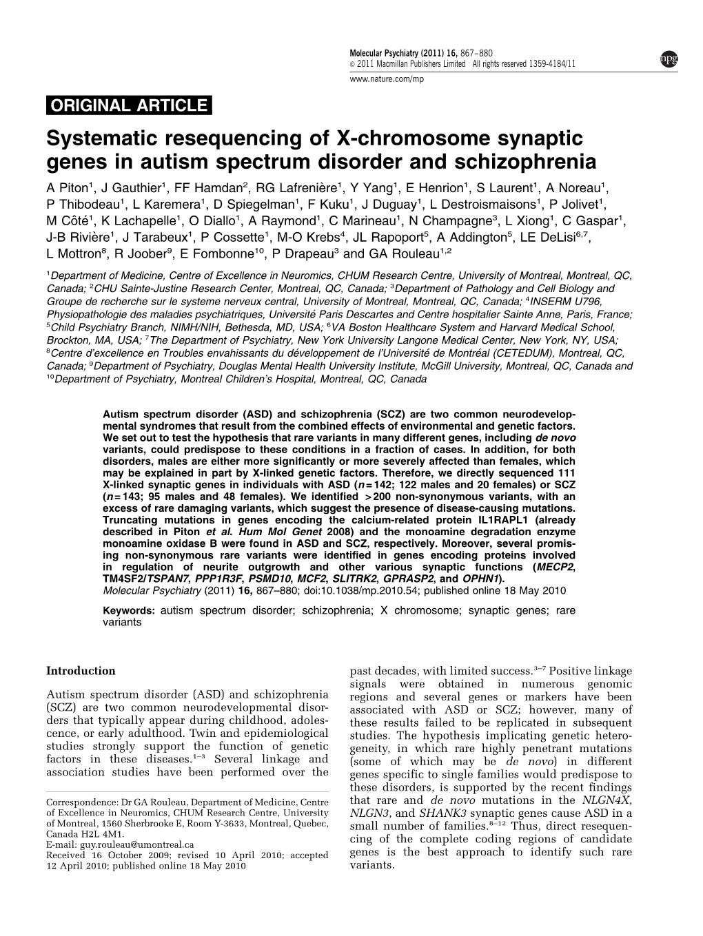 Systematic Resequencing of X-Chromosome Synaptic Genes in Autism Spectrum Disorder and Schizophrenia