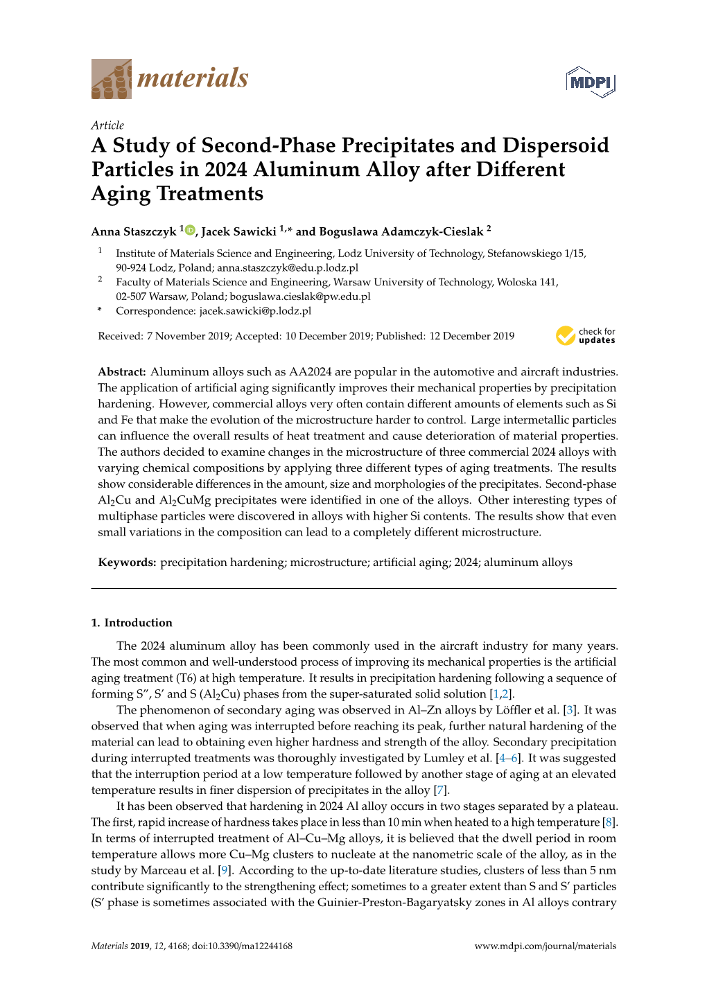 A Study of Second-Phase Precipitates and Dispersoid Particles in 2024 Aluminum Alloy After Diﬀerent Aging Treatments