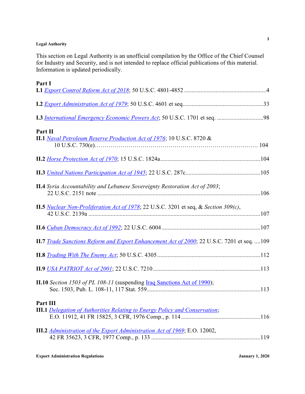 Legal Authority for the Export Administration Regulations