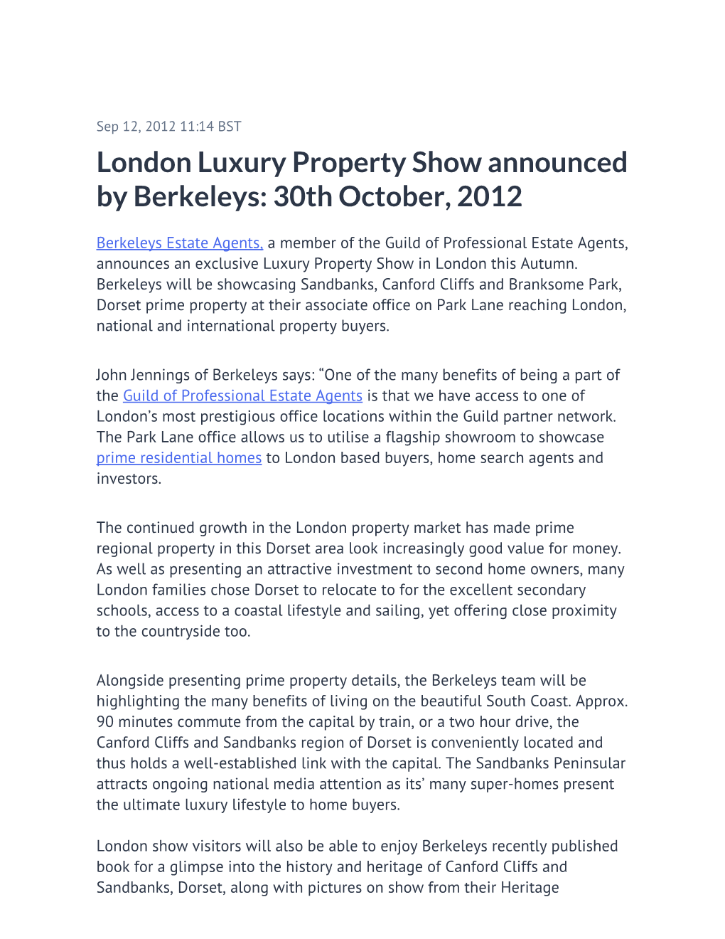 London Luxury Property Show Announced by Berkeleys: 30Th October, 2012