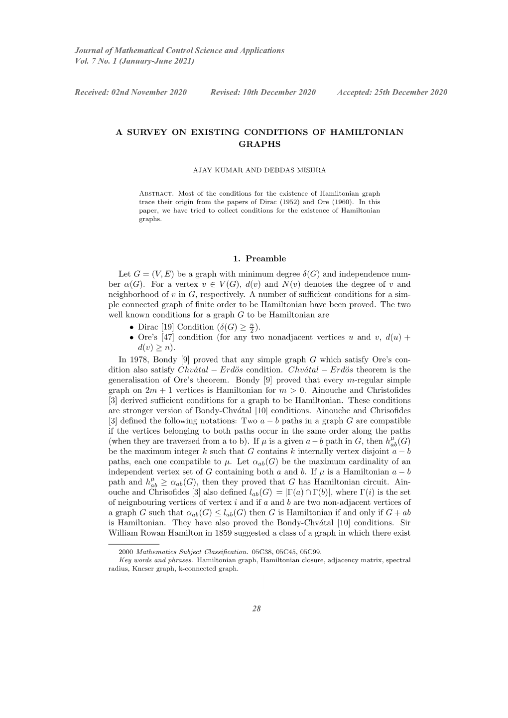 Journal of Mathematical Control Science and Applications Vol. 7 No. 1 (January-June 2021)