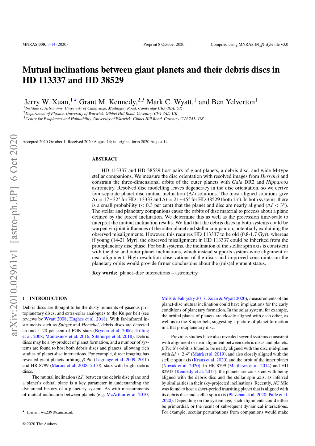 Mutual Inclinations Between Giant Planets and Their Debris Discs in HD 113337 and HD 38529