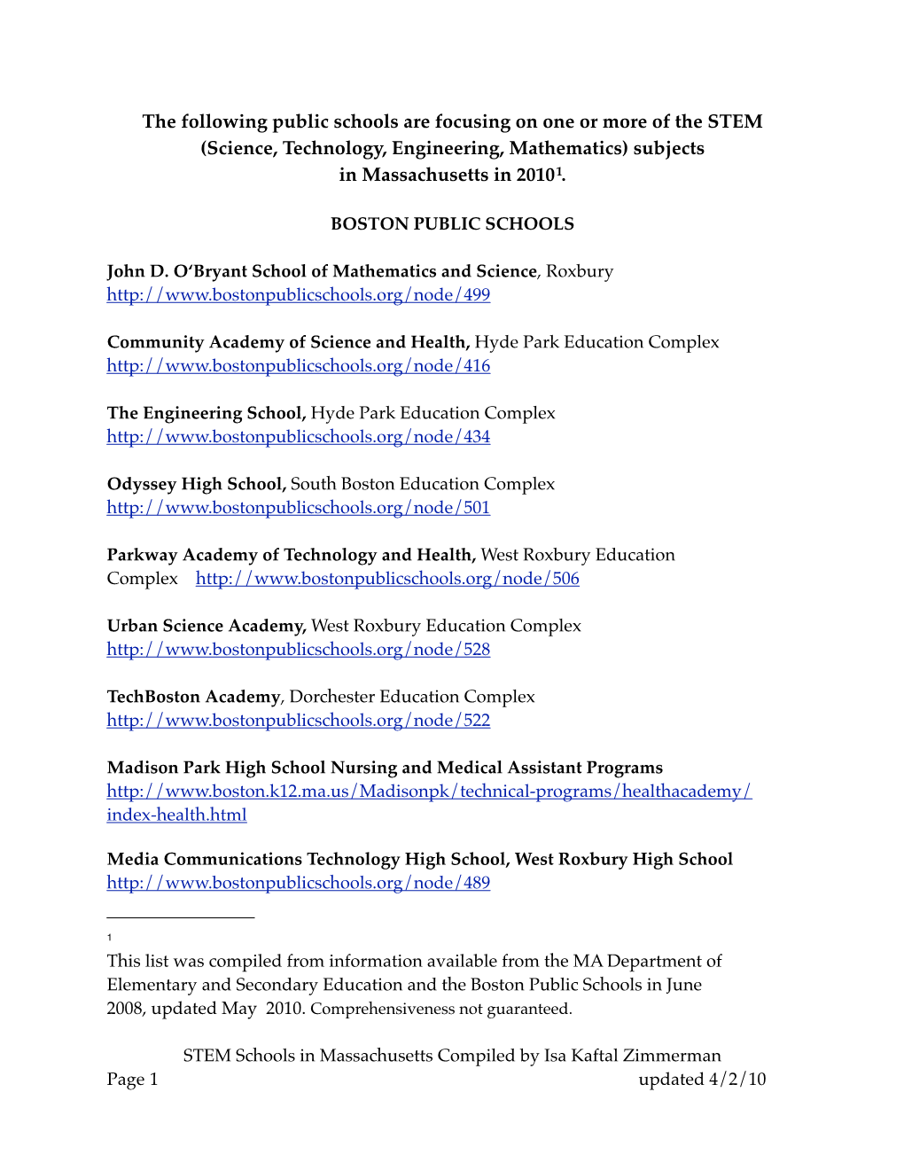 STEM Schools in MA 4 2010