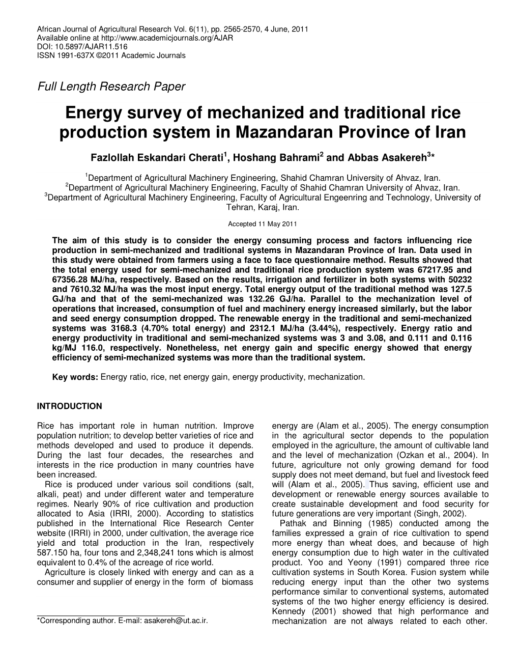 Energy Survey of Mechanized and Traditional Rice Production System in Mazandaran Province of Iran