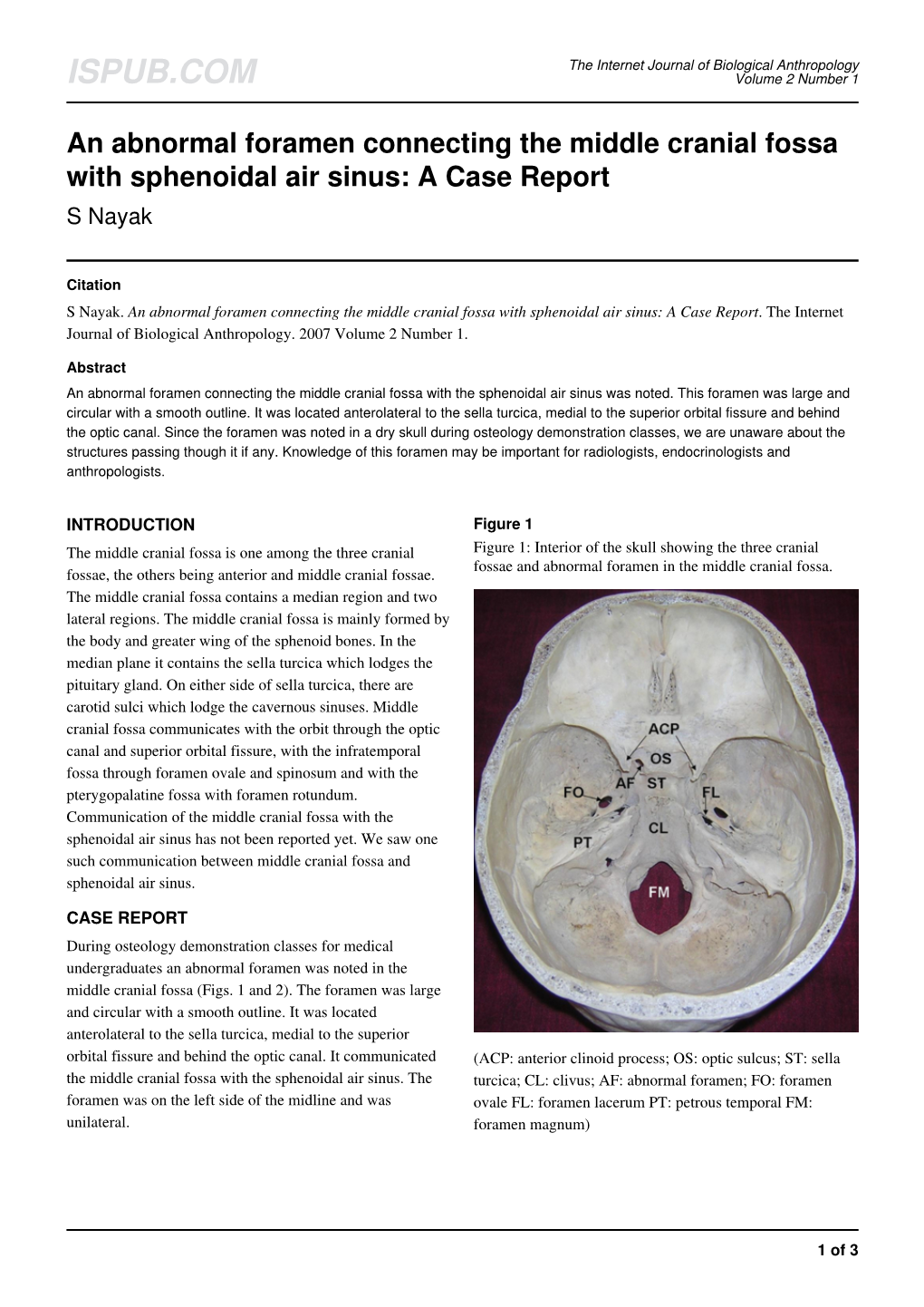 An Abnormal Foramen Connecting the Middle Cranial Fossa with Sphenoidal Air Sinus: a Case Report S Nayak