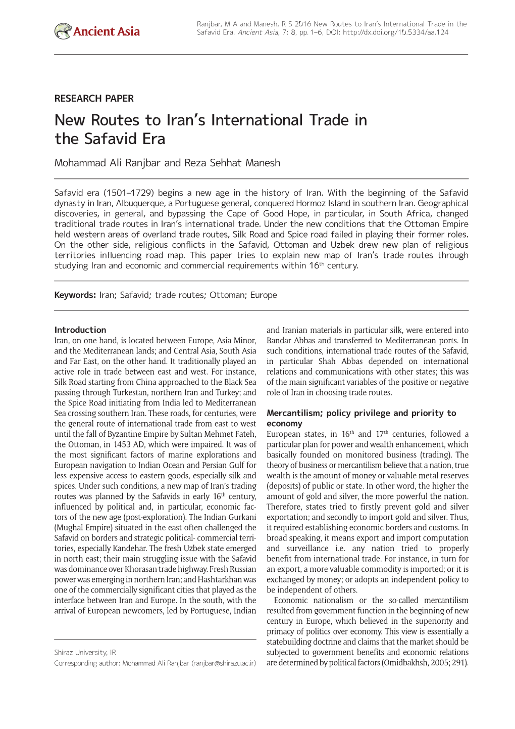 New Routes to Iran's International Trade in the Safavid