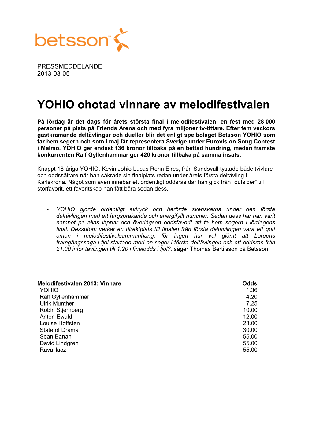 YOHIO Ohotad Vinnare Av Melodifestivalen