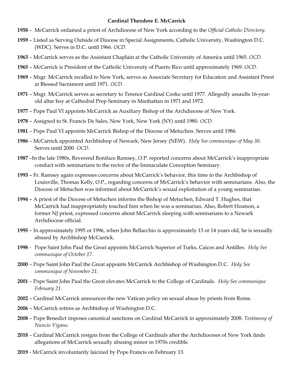 Theodore Mccarrick Timeline