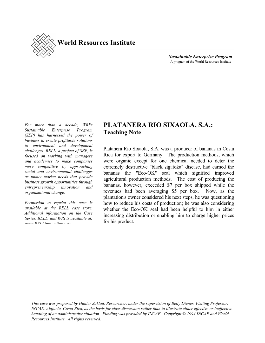 World Resources Institute PLATANERA RIO SIXAOLA, S.A