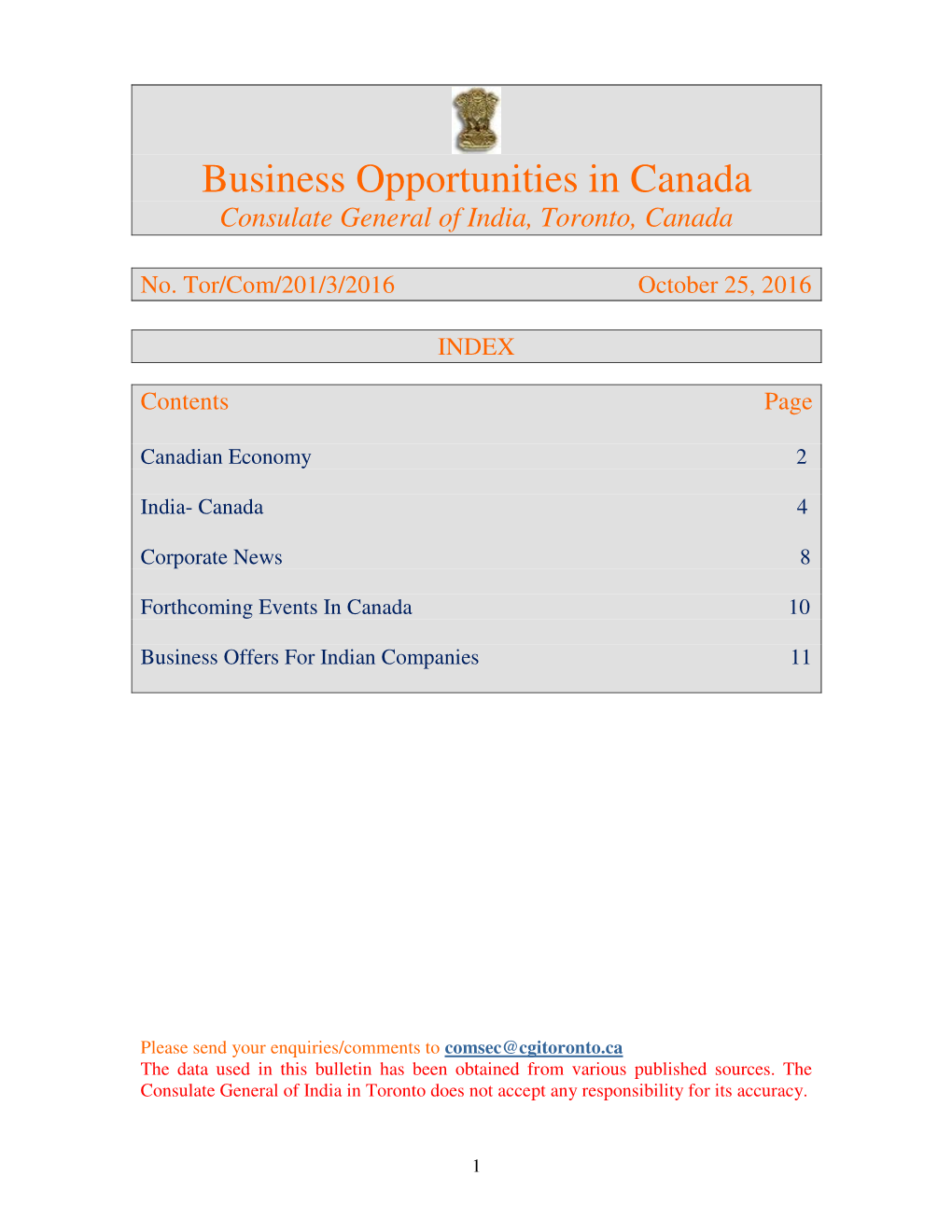 Business Opportunities in Canada Consulate General of India, Toronto, Canada