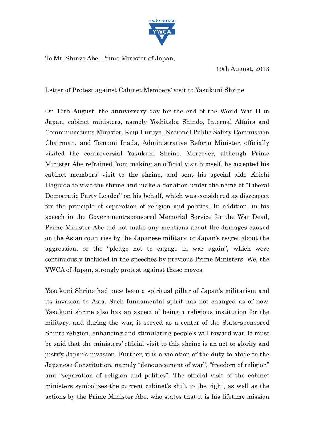 To Mr. Shinzo Abe, Prime Minister of Japan, 19Th August, 2013 Letter of Protest Against Cabinet Members' Visit to Yasukuni