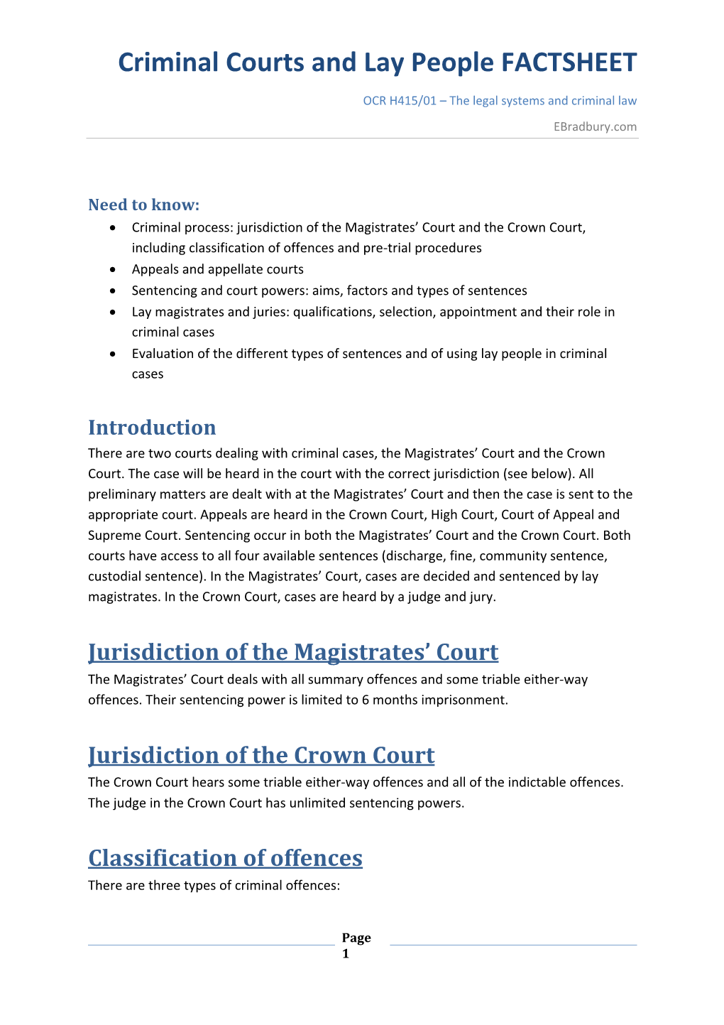 Criminal Courts and Lay People FACTSHEET