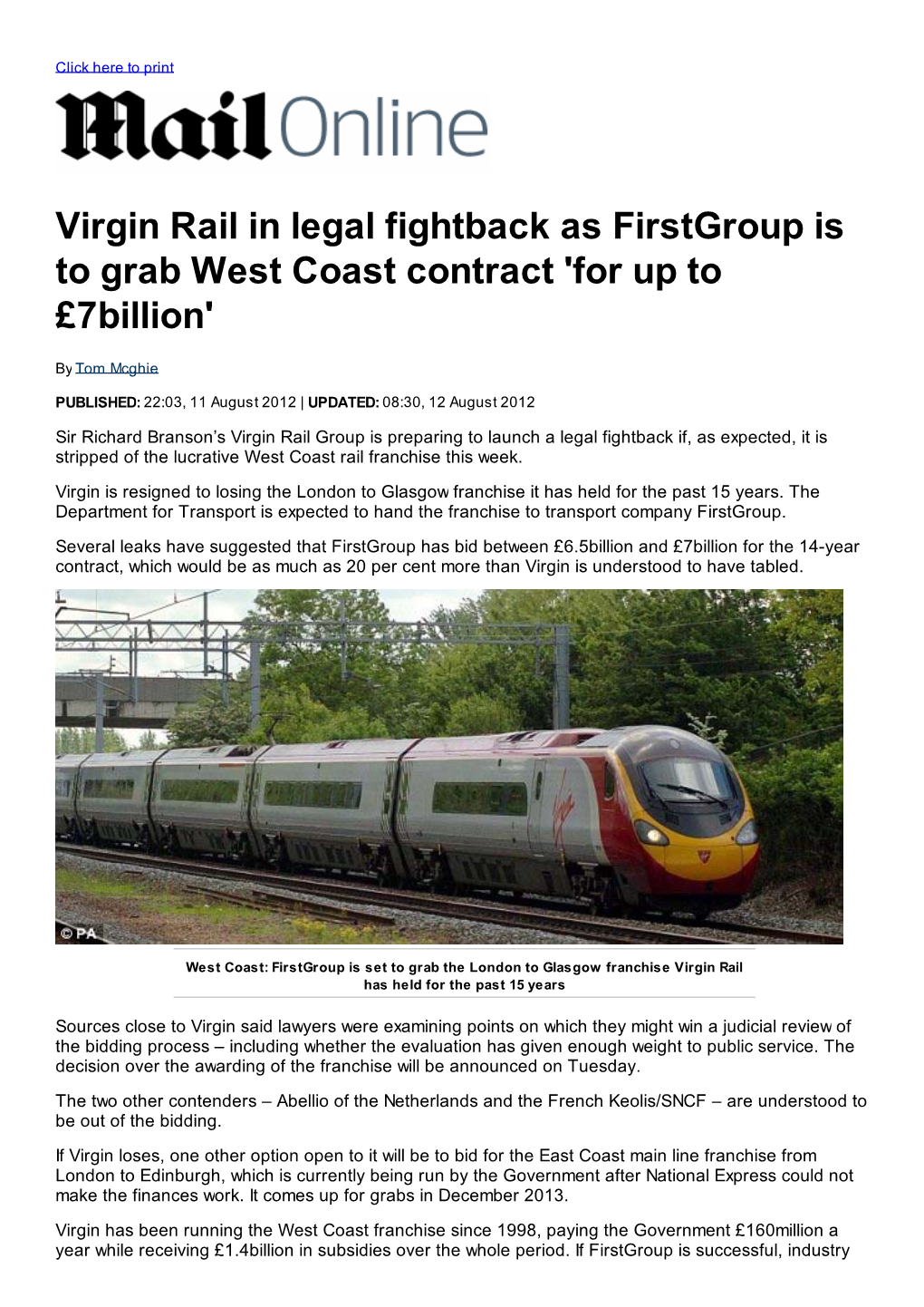 Virgin Rail in Legal Fightback As Firstgroup Is to Grab West Coast Contract 'For up to £7Billion'