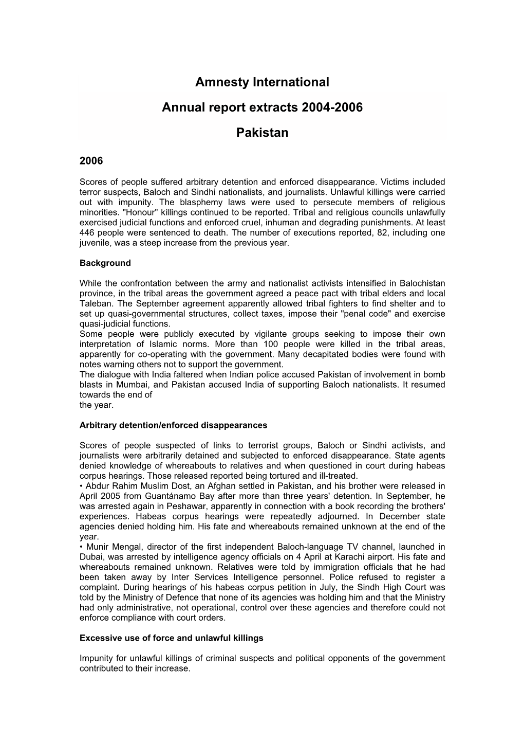 Amnesty International Annual Report Extracts 2004-2006 Pakistan
